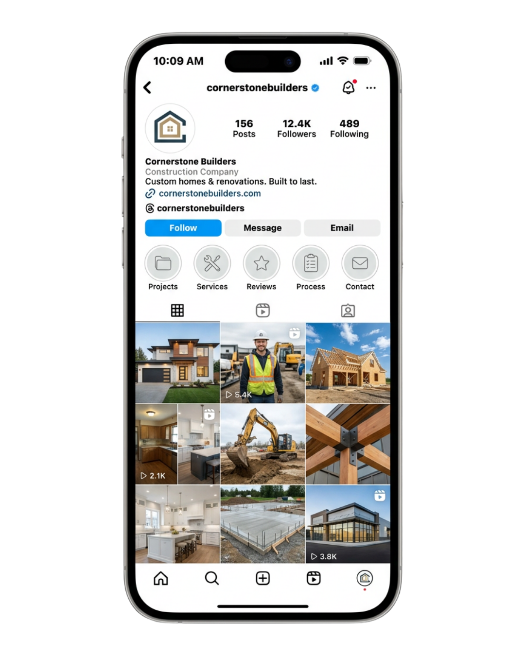 Instagram profile for Cornerstone Builders &mdash; a custom home builder with 12.4K followers